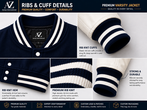 Custom <b>Men</b>’s Varsity <b>Jacket</b> <b>Cream</b> Letterman <b>Jacket</b> Chenille Patch Rib Knit Collar Quilted Lining Snap Button Winter Baseball - Product Image 4