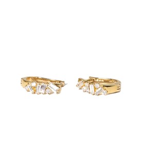 DEF Color VS VVS Clarity 10K 14K 18K <b>Solid</b> <b>Gold</b> Baguette & Round Lab Diamond <b>Huggies</b> Earrings Handmade Platinum Fine Earrings - Product Image 2