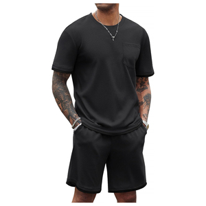 Conjunto de Camiseta y Pantalones Cortos de Punto Waffle de Color Sólido para Hombre, Cuello Redondo, Ropa Casual de Verano, Algodón Transpirable 2026 - Product Image 3