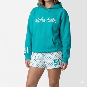 Women's <b>2</b>-<b>Piece</b> <b>Set</b> Teal Hoodie With Pocket <b>White</b> Polka Dot Shorts Number 51 Casual Spring Summer Fleece Long Sleeve Loose Fit - Product Image 4