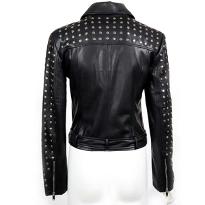 Women Studded Leather <b>Jacket</b> Black Biker Motorcycle <b>Punk</b> Style Genuine Leather OEM Custom Wholesale Supplier Women Stud Leather - Product Image 6