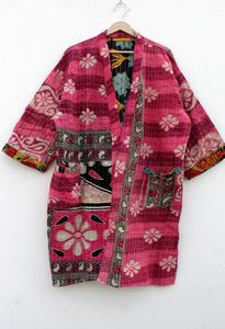 Recién llegado, chaqueta Kantha de algodón indio, chaqueta de edredón Kantha Vintage, Kimono largo clásico con cinturón y chaqueta de mujer de cuello grande - Product Image 3