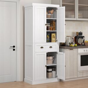 Armadio Dispensa da Cucina Bianco Effetto Invecchiato da 72 Pollici con 4 Ante, 2 Ripiani Regolabili e Cassetto - Mobili per la Casa in Metallo - Product Image 2
