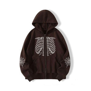 Sudadera con capucha personalizada Y2K Streetwear con cremallera y diamantes de imitación, estilo esqueleto, para hombre y mujer, oversize, vintage, con gráfico gótico de telaraña - Product Image 1