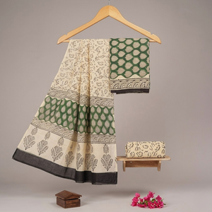 Traje Punjabi Floral Verde Crema Premium |   Conjunto de Pijama Kurti de Algodón Hecho a Mano con Borde |   Vestido Sarong Indio Profesional - Product Image 3