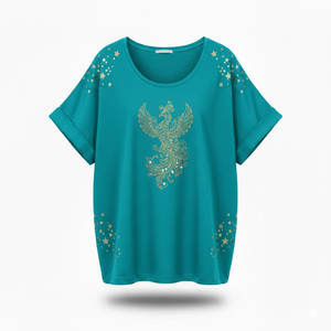 T-shirt Dreamcatcher avec étoiles et plumes dorées scintillantes, coupe classique, manches courtes, polyester/coton, séchage rapide, respirant - Product Image 2