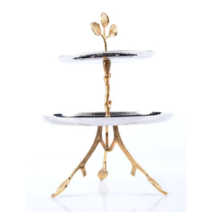 2-<b>Tier</b> Metal <b>Cake</b> Stand Gold Silver Leaf Design Decorative Wedding Party Dessert Server Etagere Unique Hammered Finish Aluminum - Product Image 1