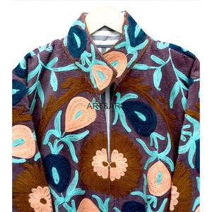 Handmade Corduroy <b>Jacket</b> Floral Embroidery Blazer Mandarin Collar Full Sleeve Zipper Closure Autumn Winter - Product Image 6