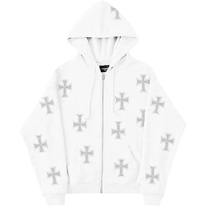 Sweat-shirt unisexe blanc à capuche et fermeture éclair, coupe classique, uni, décontracté, pour l'automne, en coton tricoté, impression numérique, écologique - Product Image 1