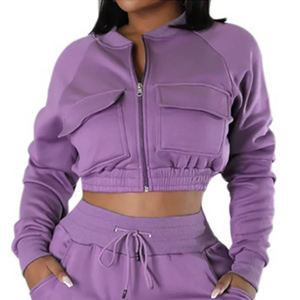 ชุดวอร์มกำมะหยี่แบบมีฮู้ดสำหรับผู้ชาย 2 ชิ้น เสื้อครอปแขนยาวแบบซิป กางเกงขายาวมีกระเป๋า - Product Image 2