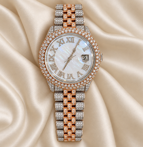 Montre de luxe pour femme Raj Gems, quartz, chiffres romains, effet perle, aiguille date, bracelet en verre 18 mm, acier inoxydable 43 mm, style Hip Hop - Product Image 3