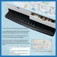 Support d'écran en bois vintage à double niveau, personnalisé avec motif de dessin animé, organisateur de bureau avec 2 tiroirs, gain de place pour clavier, support de rangement de bureau