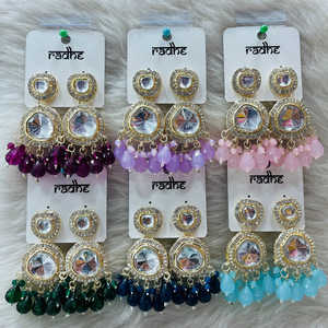 Pendientes colgantes de piedra Kundan chapados en oro con cuentas, colgante de joyería fina para mujer - Product Image 1