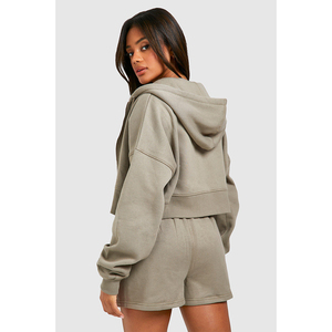 Ensemble de survêtement à capuche pour femmes, couleur unie, manches longues, short décontracté, vêtements de printemps avec poches latérales, fermeture à cordon - Product Image 2