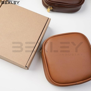Tan Rounded Square Cosmetic Leather Bag Compact Zipper <b>Makeup</b> <b>Case</b> Custom Logo Private Label OEM ODM Wholesale Supplier - Product Image 5