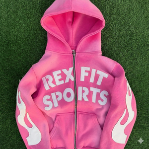 เสื้อฮู้ด Rex Fit สีชมพู แบบซิป ยูนิเซ็กส์ ทรงปกติ ผ้าฝ้ายเฟรนช์เทอร์รี่ สไตล์สปอร์ต มีกระเป๋าและลายเปลวไฟ - Product Image 5