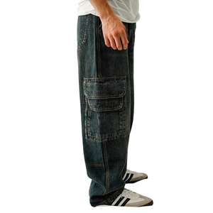Jean cargo en coton pour homme, coupe droite, denim délavé foncé, taille mi-haute, fermeture éclair avant, bouton, cinq poches - Product Image 5