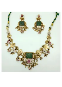 Elegant Traditional Gold Tone Necklace Set with Green <b>Stone</b> Pendant Pink Crystal Details and Matching Earrings Ethnic - Product Image 2