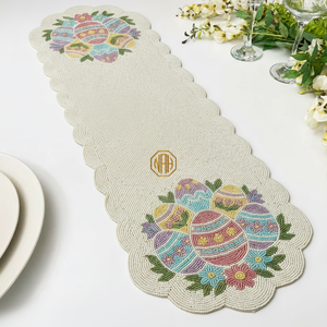 Cream Beaded <b>Table</b> <b>Runner</b> Easter Egg Design Scalloped Edge Handmade Glass Bead Embroidered <b>Table</b> Decor Wholesale Supply - Product Image 1