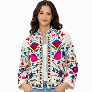 Floral Embroidered Velvet Cotton Bomber <b>Jacket</b> <b>Mandarin</b> <b>Collar</b> Full Sleeve Eco-Friendly Spring Boho Chic Style Women's Outerwear - Product Image 3
