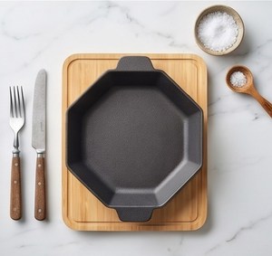 Plat à fajitas octogonal en fonte avec plateau de service en bois pour la cuisine à domicile, les hôtels et la restauration - Product Image 1