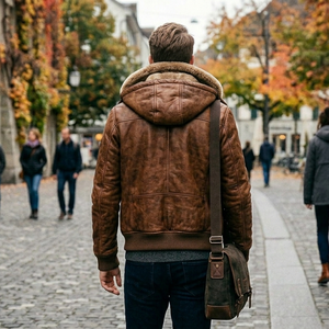 Veste en cuir classique pour homme avec fermeture éclair et coupe ajustée, veste d'hiver en cuir élégante pour homme avec col rabattable - Product Image 3