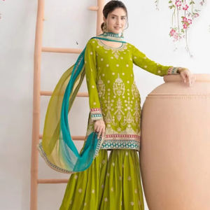 Chinon <b>Women's</b> Semi-Stitched Modern <b>Suit</b> with Embroidered Sequence & Mirror Work <b>for</b> Wedding <b>Prom</b> & Diwali - Product Image 1