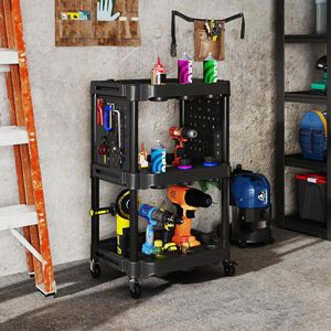 3-Tier Rolling <b>Tool</b> <b>Cart</b> 200 LBS Capacity Black Plastic Utility <b>Cart</b> with Side Shelves <b>for</b> Garage & Workshop - Product Image 2