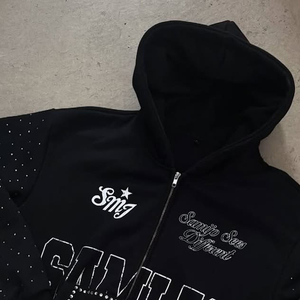 Bold Distress Embroidery Hoodie New Style Street Fashion Digital Print <b>Plain</b> Rhinestone Detail Cotton Blend <b>Mens</b> <b>hoodies</b> - Product Image 4