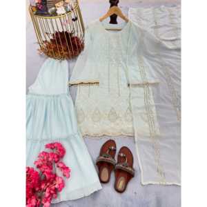 Top de fiesta de mujer de diseñador y conjunto Dupatta elegante Plazzo con hermosos adornos - Product Image 1