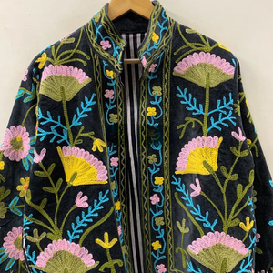 Bohemian Floral Embroidered <b>Velvet</b> Suzani Jacket Winter Partywear Festive Duster Coat with Indian Style Floral Pattern Design - Product Image 3