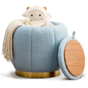 Modern Round Floral Storage Ottoman Soft Padded Teddy Velvet Footstool with Accent Small Table Plant Stand - Product Image 1