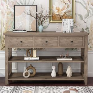 Consolle grigia con 3 cassetti e 2 ripiani aperti, gambe in legno di pino e rovere, per ingresso appartamento, mobile da divano per l'arredamento della casa - Product Image 1