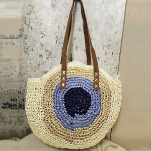 <b>Ivory</b> gradient Round Crochet <b>Bag</b> Artisanal Straw Tote with Sturdy Brown PU Strap Ideal Boho Shoulder Purse 4 Women Travel Style - Product Image 6