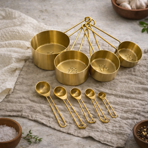 Juego de tazas y cucharas medidoras de latón dorado con mangos de madera, utensilios de cocina para hornear, tazas y cucharas - Product Image 5