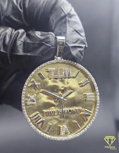 Time Is Money <b>Clock</b> Pendant with Roman Numerals and Iced Moissanite Diamond Border in 925 <b>Silver</b> - Product Image 5