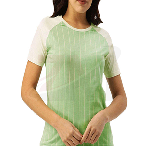 Camiseta de Manga Corta para Mujer, Cuello Redondo, Rayas Verdes y Blancas, Estilo Casual, Tejido de Punto, para Primavera/Verano - Product Image 3