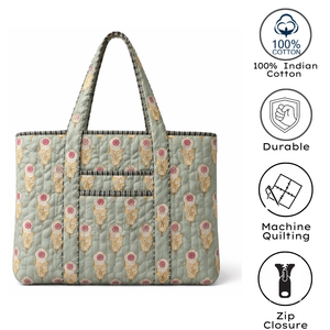 Luxury Handmade Jaipur Hand Block Print Quilted Cotton Tote <b>Bag</b> Floral Pattern Summer 16x12 Inch Durable Sustainable Zip Closure - Product Image 3