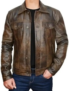 Veste de motard en cuir véritable vieilli pour homme, style vintage, col rabattu, fermeture éclair, pour l'automne - Product Image 1