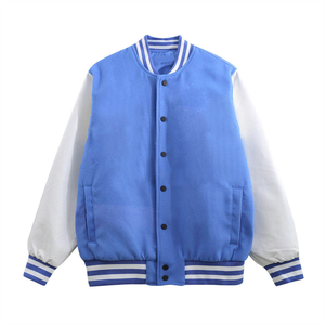 Blue Varsity <b>Jacket</b> Unisex Casual Fleece Stand Collar Eco-friendly Finished Winter Wear Solid Color Button Front Regular Fit - Product Image 1