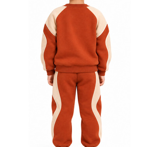 <b>Kids</b> Fleece Tracksuit Rust Cream Crewneck Sweatshirt Jogger Pants Contrast Side Panels Trade Wholesale <b>Clothing</b> Manufacturer OEM - Product Image 4