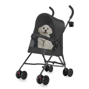 Poussette pliable légère noire pour petits chiens et chats avec ventilation en maille, porte-gobelet, transportant votre ami à fourrure, modèle - Product Image 1
