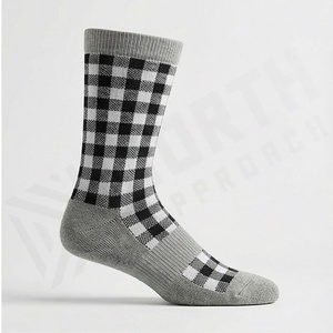 Crew <b>Socks</b> Plaid Pattern <b>Black</b> White Gray Breathable Knitted Regular Style Adult Casual Wear - Product Image 3