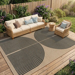 Tapis d'extérieur moderne en jute tressé, motif géométrique rectangulaire, en polypropylène imperméable à poils plats pour terrasse et patio - Product Image 6