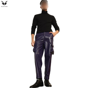 Sleek Blue Color Multi Side Pocket Style Good Supplier Fully Customized Stretchable Material Zippered Slim Fit Faux Leather Pant - Product Image 4