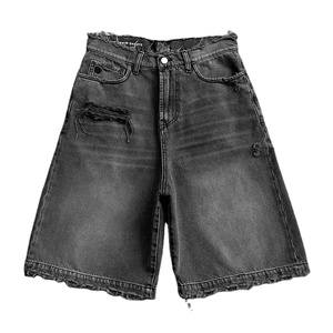 High Street Custom Men's Baggy Pantalones cortos de mezclilla transpirables Dark Distressed Streetwear Jeans Bordado Pocket Plain Dyed Technics - Product Image 2