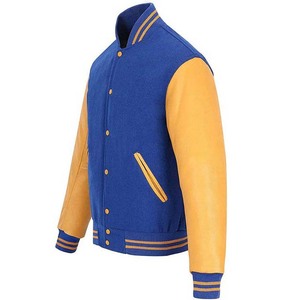 Chaqueta Varsity Azul y Amarilla para Hombre, con Mangas de Cuero PU, Cuello Alto, Cierre de Botones, Estilo Casual, para Otoño - Product Image 6