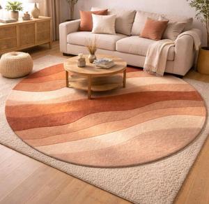 Modern <b>Abstract</b> Wave Round Wool Anti-Slip Area Rug Soft Tufted Terracotta Orange Beige for Living Room - Product Image 1