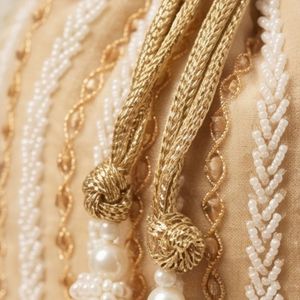 Creme Velvet Handmade Evening Clutch Bag Beaded Embroidery Party Wedding Handbag with Pearl <b>Flat</b> Bottom - Product Image 5