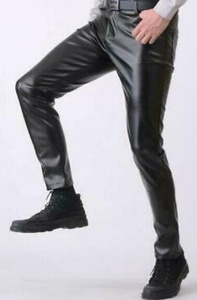 Men's Customizable <b>Black</b> PU Coated Casual Lightweight Moto Biker <b>Trousers</b> Mid Zipper Fly Straight Fit Breathable Side <b>Pockets</b> - Product Image 2